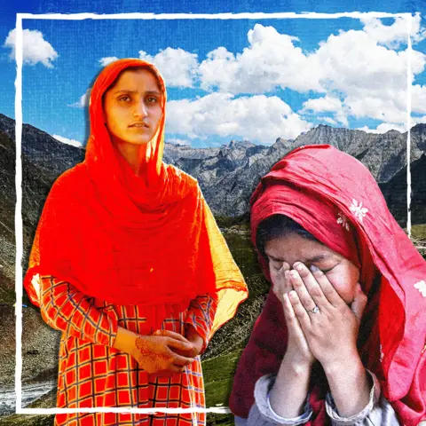 BBC Nimra (left) and Sanam (right) pictured in a photomontage in front of Kashmir's mountainous landscape under blue skies. Nimra wears an orange headscarf and a patterned dress, while Sanam on the right wears a red headscarf and cries with her hands covering her face.