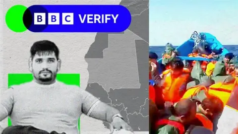 BBC A BBC promo image showing Fadi Gujjar and the boat which got lost at sea off the coast of West Africa. The images are superimposed over an image of Mauritania on a map.