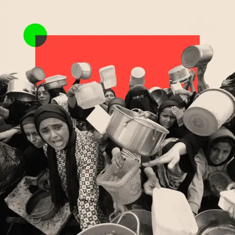 BBC A treated image of displaced Palestinians queueing for hot meals in Gaza
