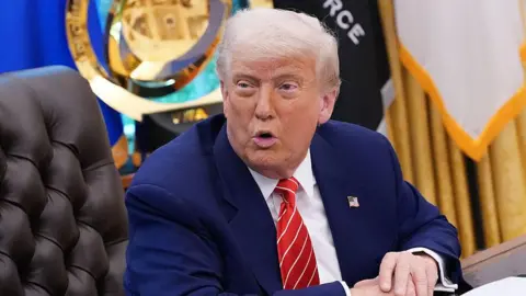 Getty Images US President Donald Trump sits at a desk in the Oval Office of the White House. He is wearing a blue suit with an American flag pinned to the lapel.