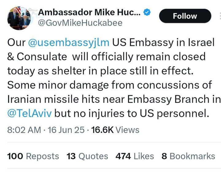 US closes embassy in Tel Aviv after Iran missile strikes