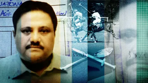 BBC A composite image with a photo of Muhammed Asif Hafeez in the foreground. Behind are two people riding horses playing polo and a syringe and spoon.