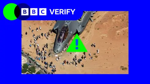 BBC A promo image showing a fake image of an F-35 fighter which some users online claimed was show down in Iran. It is superimposed over the BBC Verify colours.