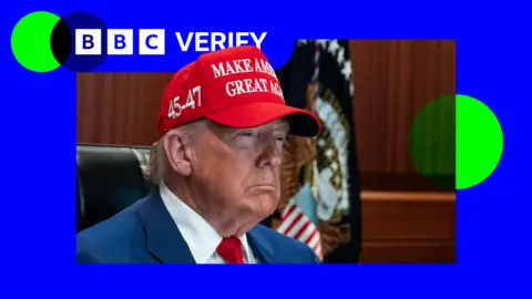 BBC A composite image showing US President Donald Trump in the Situation Room at the White House, overlaid on a blue and green background with the BBC Verify logo in the top left corner