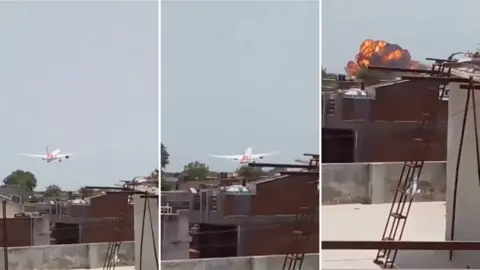BBC A collage of stills of a video which shows a plane crashing into a residential colony and bursting into flames in India's Ahmedabad city