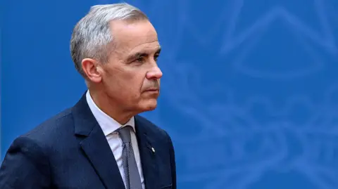 Getty Images Canadian Prime Minister Mark Carney seen against a blue backdrop, wearing a darker blue suit and tie. He has a neutral expression