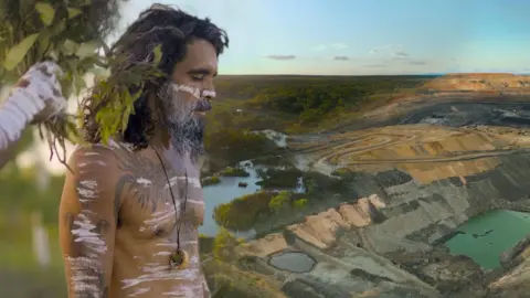 BBC Image of Coedie McAvoy performing a spiritual ceremony, overlaid on a drone shot of Doongmabulla Springs