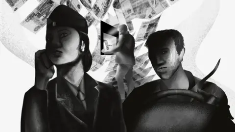 BBC Illustration showing a man taking cash from a cashpoint in Russia while two shadowy figures in uniforms stand in front
