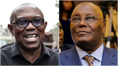 AFP via Getty/Reuters Peter Obi, on the left hand side of the composite photo, wears a black shirt and black-rimmed glasses. He is smiling in the photo. Atiku Abubakar, on the right hand side, wears glasses, a suit and a patterened tie.