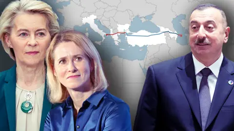 Getty Images A composite image showing two European Commission figures, Ursula von der Leyen and Kaja Kallas alongside Azerbaijan's Ilham Aliyev
