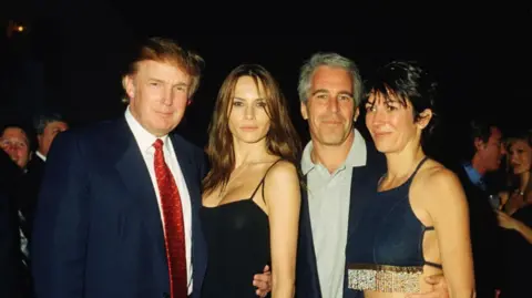 Getty Images Image shows Donald Trump, Melania Trump, Ghislaine Maxwell and Jeffrey Epstein at a party in 2000