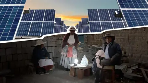 BBC A composite image featuring solar panels and residents of Pampa Clemesí in southern Peru