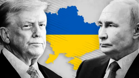 BBC Map of Ukraine overlaid with the national flag colours - blue on top and yellow on the bottom. Stylised black-and-white headshots of Donald Trump and Vladimir Putin, both in suits and looking serious, are on either side of the map.