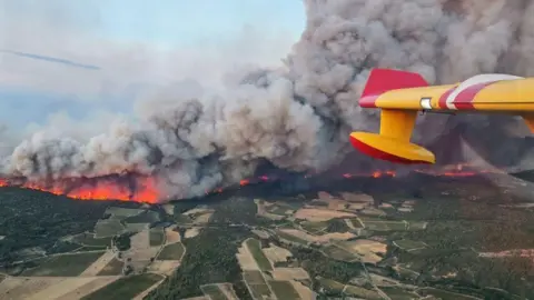 Préfet de l'Aude A wall of fire seen from an aircraft burns across the green patchwork of southern France fields.