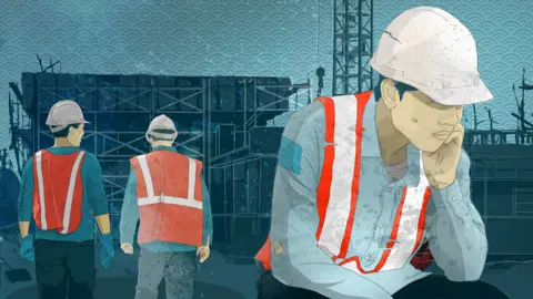 BBC A graphic showing a North Korean worker in a hard hat and reflective vest with his head in his hands