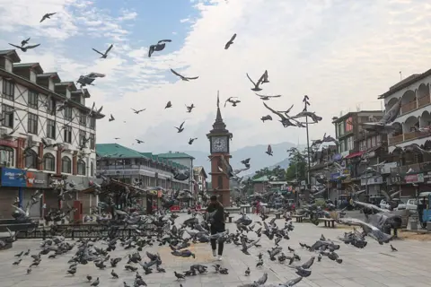 NurPhoto via Getty Images A man feeds pigeons near the clock tower in Srinagar, Jammu and Kashmir, India.