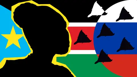 Getty Images / BBC A composite image of the Russian flag, South Sudanese flag, drones in silhouette and an anonymous woman in silhouette.