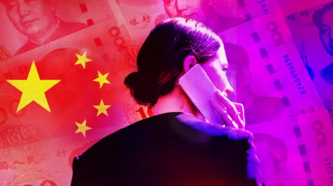 Getty Images Designed image showing a woman holding a phone to her ear, against a backdrop of Chinese flag and currency 