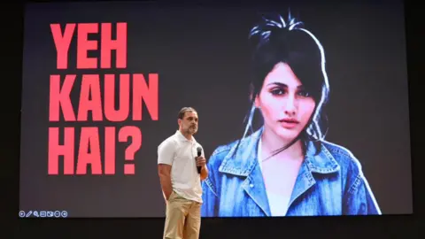 Congress Party NEW DELHI, INDIA - NOVEMBER 5: Congress leader Rahul Gandhi addresses a press conference on the alleged "vote chori" in Haryana elections at Indira Bhawan, on November 5, 2025 in New Delhi, India. The Congress leader claimed there were 25 lakh "fake" voters in Haryana including an example of a woman he said is a Brazilian model, but her photo is used to register as a voter across multiple booths