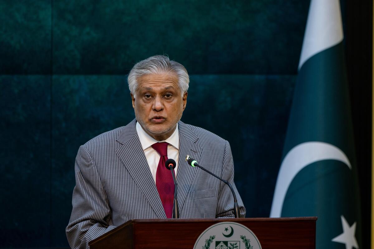 Pakistani Deputy Prime Minister and Foreign Minister Muhammad Ishaq Dar speak at a press conference in Islamabad, Pakistan, on July 9, 2025. [Photo by Murat Gok/Anadolu via Getty Images]