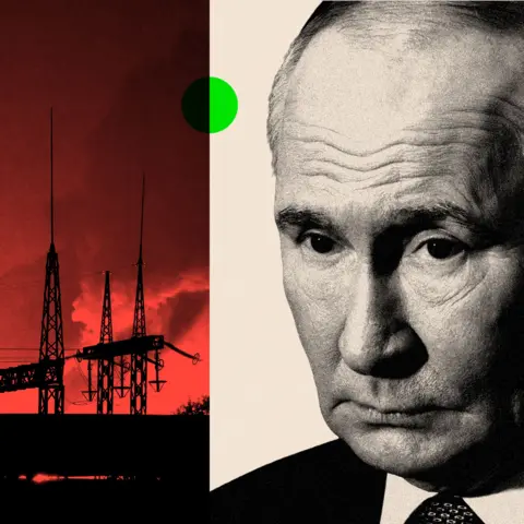 BBC A dual image of Russian President Vladimir Putin and flames at a thermal power plant in Ukraine