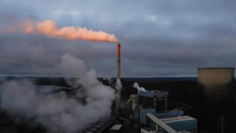 Reuters View of a coal-fired power station, with gases escaping from the top of a tall chimney as a white cloud 