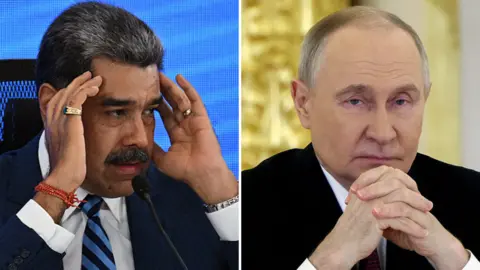 Getty Images Composite picture shows  Nicolás Maduro on the left, with his hands at his temples wearing a suit and blue-striped tie. On the right is Vladimir Putin, in a black suit and tie, with his hands clasped at his chin.