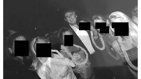 House Oversight Committee US President Donald Trump is pictured with a group of women in a photo released from the House Oversight Committee from the Epstein estate