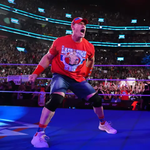 WWE via Getty Images John Cena gets fired up during SmackDown at Bell Centre on August 8, 2025 in Montreal, Canada.