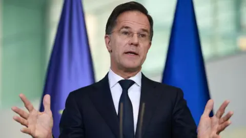 EPA Mark Rutte wearing a dark suit, tie and white shirt, with open arms
