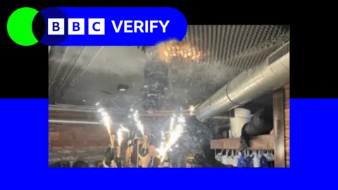 BBC A branded image with the BBC Verify logo, with a blue border surrounding an image of sparklers attached to champagne bottles being held up by people in the Swiss ski resort bar just before the fire started - with a small orange patch of fire seen on a foam ceiling above the sparklers.