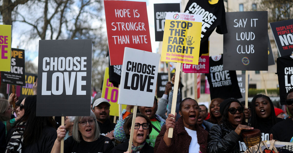 Protesters march in London to oppose the rise of political right