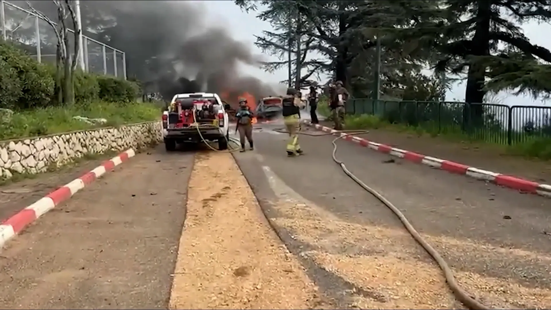 Israeli firefighters battle vehicles blaze after missile attack from Lebano | Israel attacks Lebanon